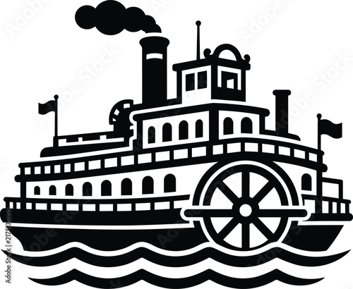 A classic monochromatic vector illustration of a historic paddle wheel river steamboat.