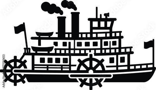 A detailed black and white graphic illustration featuring a classic historic steam boat.