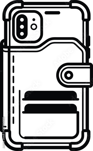 A minimal black and white vector outline illustration showing a protective smartphone wallet case with integrated card slots and a secure magnetic strap enclosure design.