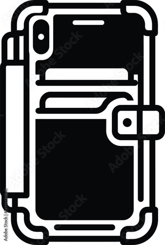 A minimalist black and white graphic icon representing a rugged smartphone case featuring an integrated wallet card slot design and a secure side latch mechanism.