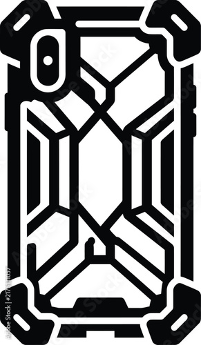 A detailed black and white vector illustration of a rugged protective smartphone cover design.