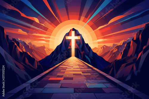 A path leads to a mountain with a glowing cross against a dramatic sunset.