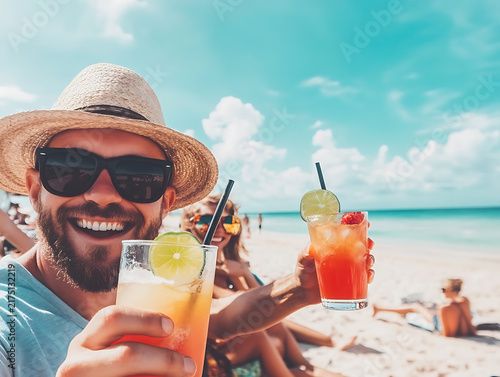Happy man with sunglasses and hat holding a tropical cocktail on a sunny beach vacation
