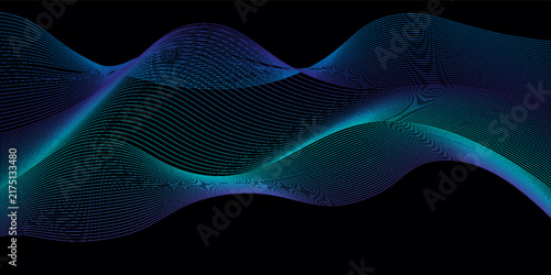 Flowing dots particles wave pattern 3D curve halftone blue green gradient curve shape isolated on black background. Vector in concept of technology, science, music, .