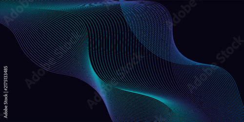 Flowing dots particles wave pattern 3D curve halftone blue green gradient curve shape isolated on black background. Vector in concept of technology, science, music, .