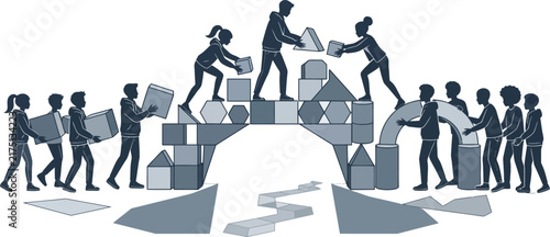 Teamwork People Building Bridge Blocks Silhouette