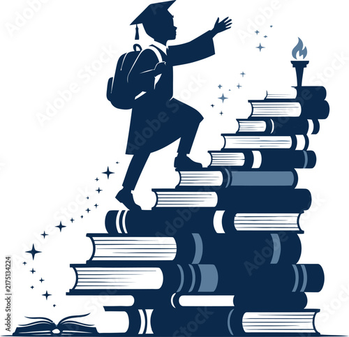 Graduate Student Walking Up Book Stairs