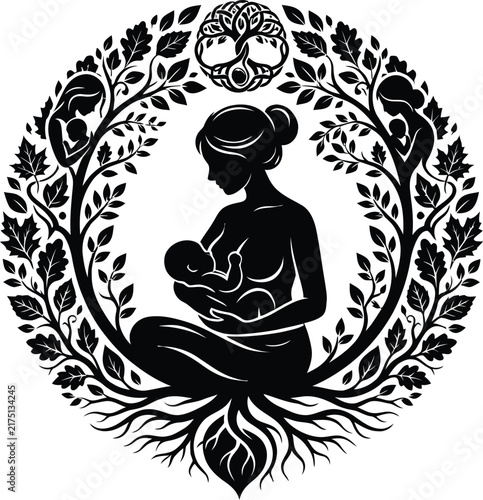 Mother Nursing Baby Round Tree Floral Vector