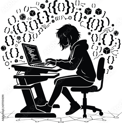 Black and white silhouette of programmer coding on laptop at desk