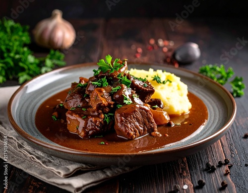 Slow cooked beef bourguignon with glossy wine sauce, rustic ceramic plate