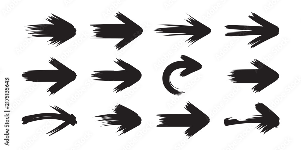 Fototapeta premium Directional pointer arrows with textured paint brush strokes ideal for fast motion design effects.