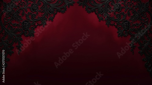 Elegant Dark Red Background with Black Gothic Lace Corners