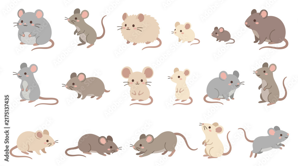 Obraz premium Set of cute cartoon mice in various poses and colors isolated on white background.