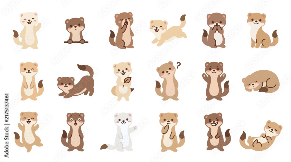 Fototapeta premium A collection of cute ferret characters in various poses and expressions isolated on a white background.