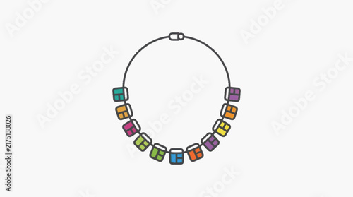 Фотография Minimalist vector illustration of a circular necklace featuring multiple colorful square block charms with grid patterns, isolated on a white background for jewelry design