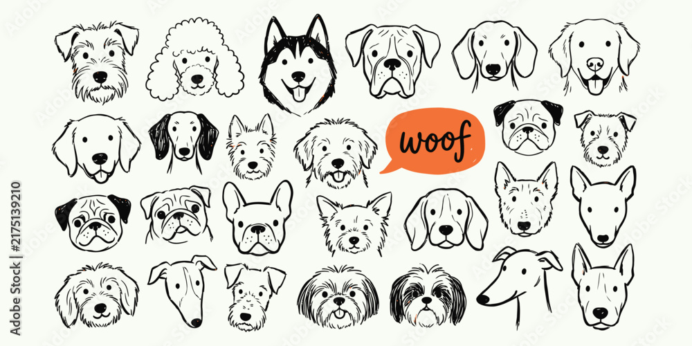 Fototapeta premium Cute hand drawn dog breed faces doodle collection with puppy portraits for pet shop and veterinary clinic branding