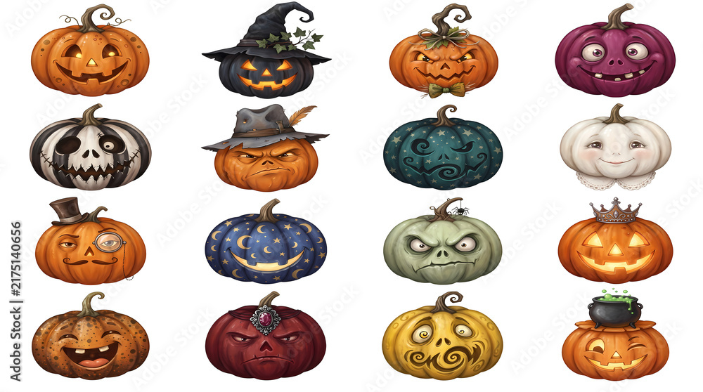 Fototapeta premium Collection of 16 decorated carved pumpkins for halloween holiday celebration.
