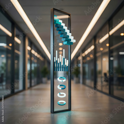 Abstract 3D glowing financial graph pillar displaying data metrics and bar charts inside modern office corridor
