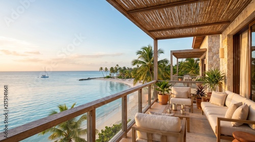 Luxury tropical resort balcony overlooking ocean for vacation advertising