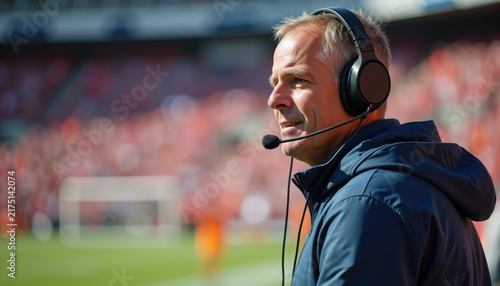 Football coach on sideline wearing headset and navy jacket intensely observing play, close-up portrait of football coach during live match with blurred stadium crowd and tactical leadership,
