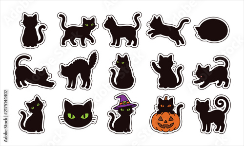 Black cat stickers collection set for halloween illustration