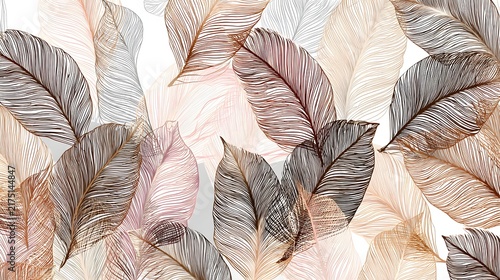 Abstract Botanical Pattern with Line-Art Leaves on Clean Background