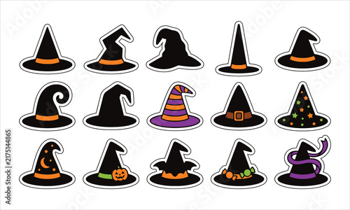 Witch hat stickers collection set for halloween celebration design