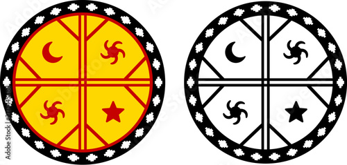Kultrun, indigenous symbol of Mapuche flag, emblem of the Mapuche Nation. Vector illustration, color and black and white design.
