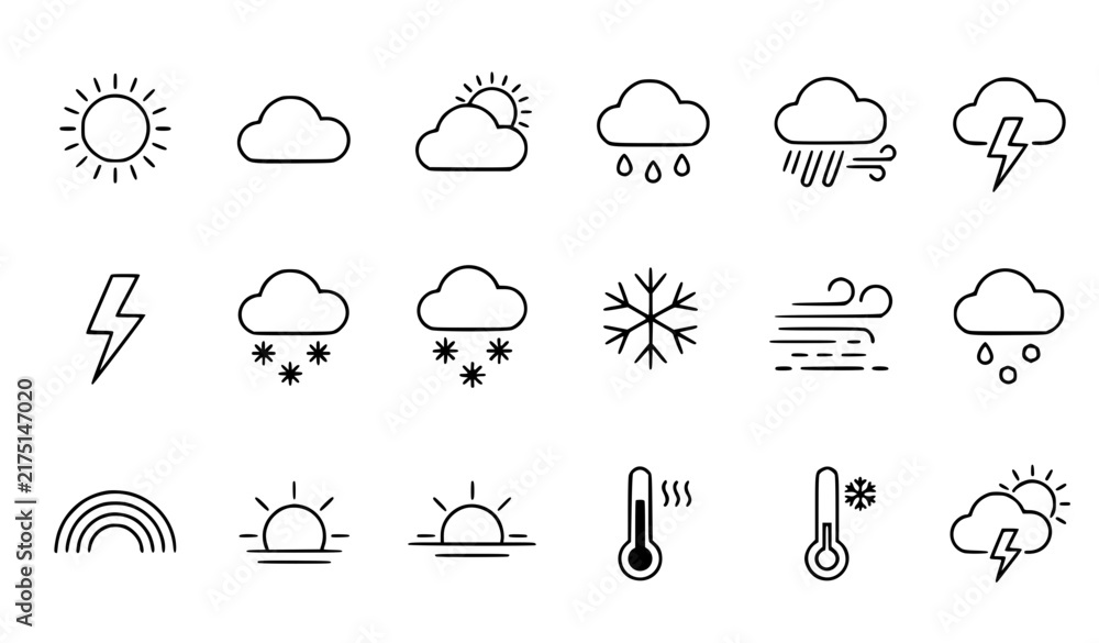 Obraz premium Minimal weather forecast thin line editable vector icon collection