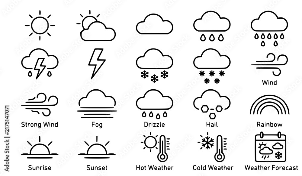 Obraz premium Weather icons black outline editable vector set isolated on white background