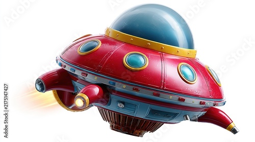 Retro Sci-Fi Flying Saucer: A vibrant red and blue retro-style flying saucer spaceship, illustrated in a whimsical cartoonish style.