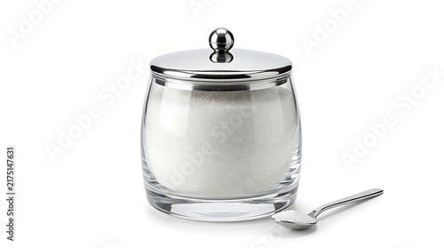 Glass sugar jar with metal lid and spoon isolated on white background