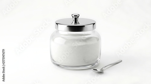 Glass sugar jar with metal lid and small spoon on a clean white background