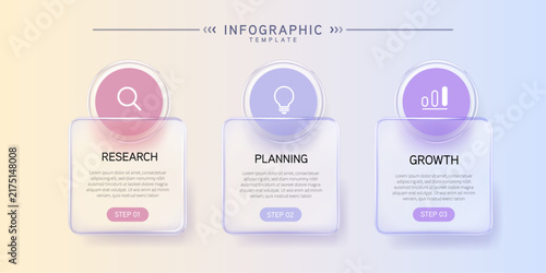 Infographic labels with icons and Neomorphism 3 step. Liquid glass and Banner. Vector illustration.