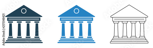 Bank building icon set featuring classical pillars and triangular roof, Government courthouse icon set.