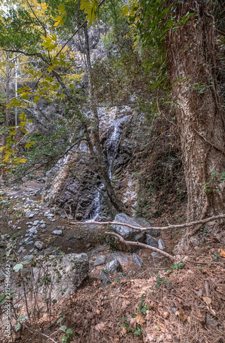 View of Hantara (Chantara) Waterfall, lower level in summer, can be seen on the river Dhiarizis, north of the village of Foini, Troodos Mountains, Limassol district, Cyprus 