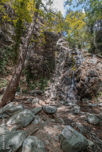 View of Hantara (Chantara) Waterfall, lower level in summer, can be seen on the river Dhiarizis, north of the village of Foini, Troodos Mountains, Limassol district, Cyprus 