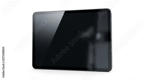 Modern black tablet computer with blank screen isolated on white background