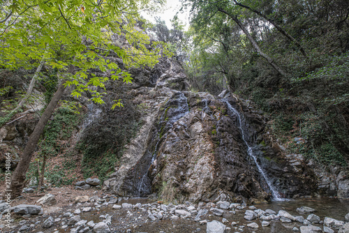 View of Hantara (Chantara) Waterfall, lower level in summer, can be seen on the river Dhiarizis, north of the village of Foini, Troodos Mountains, Limassol district, Cyprus 