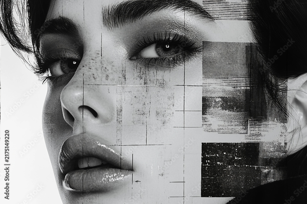 Obraz premium Generative AI black and white artistic collage of a serene woman with textured abstract elements in a spring-inspired composition