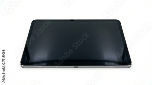 Modern digital tablet computer with blank black screen isolated on white background