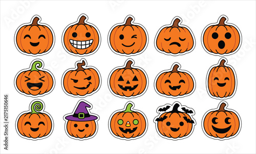 Set of cute halloween pumpkin stickers with cheerful facial