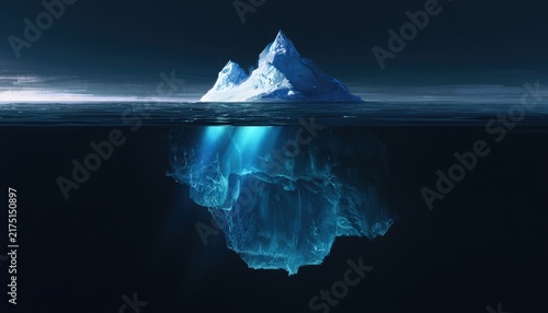 A jagged blue iceberg floating on the dark ocean surface with underwater portion