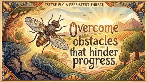 Vintage style illustration of a tsetse fly with text 