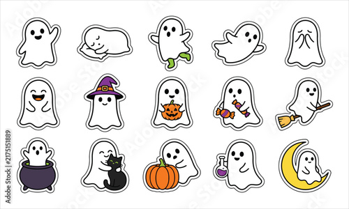 Funny halloween ghost stickers collection with cute spooky elements