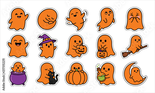 Cute orange halloween ghost stickers set with festive decorations