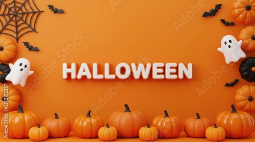 A festive happy halloween background featuring orange pumpkins cute ghosts spider webs and bats on a bright orange backdrop