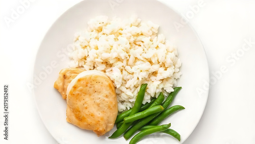 Flavorless bland diet meal, plain white plate with steamed rice, boiled chicken breast and unsalted green beans