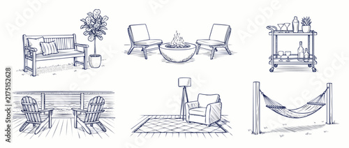Patio furniture set vector illustration featuring line art sketches of outdoor garden bench, fire pit chairs, bar cart, balcony deck, hammock, and armchair for backyard living design concept.