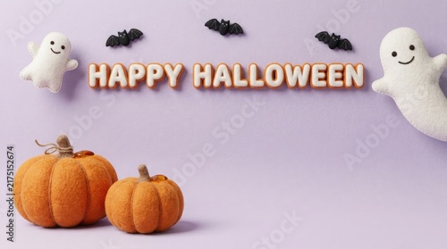 A festive happy halloween greeting card featuring cute ghosts pumpkins and black bats on a soft purple background layout